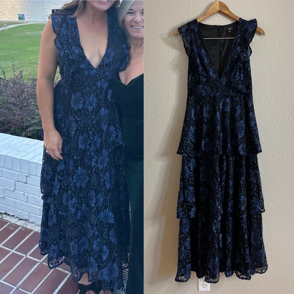 Molinetto Navy Blue Lace Ruffled Tiered Sleeveless Maxi Dress - Picture 3 of 9